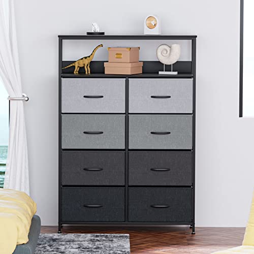 LLappuil 8 Drawer Dresser with Shelf, Fabric Dressers Chests of Drawers, Tall Dresser Clothes Storage Drawers Dresser for Bedroom Closet Nursery, Grey