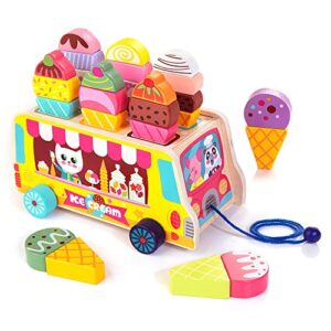 hellowood wooden ice cream truck, 28 pcs magnetic ice cream sweet treats pretend play food & accessories, montessori sorting & stacking toys for toddler girls & boys age 2-5