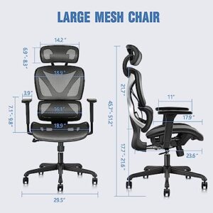 GABRYLLY Office Chair, Large Ergonomic Desk Chairs, High Back Computer Chair with Lumbar Support, 3D Armrest, Breathable Mesh, Adjustable Headrest, with Tilt Function, (Grey)29.5D x 40.9W x 51.2H Inch