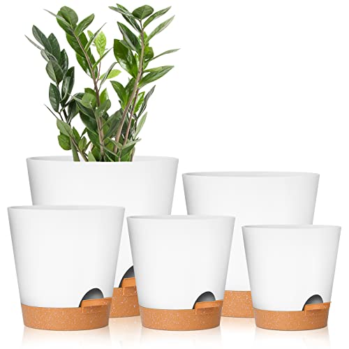 GARDIFE Plant Pots 7/6.5/6/5.5/5 Inch Self Watering Planters with Drainage Hole, Plastic Flower Pots, Nursery Planting Pot for All House Plants, African Violet, Flowers, and Cactus,White