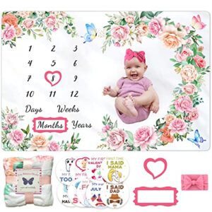 kmivo baby milestone blanket monthly milestone blankets for baby girls blankets photography background fleece blankets 60" x 40" inches, with cards, frame & bow