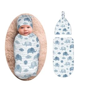 Elephant Baby Stuff Newborn Swaddle Blanket with Beanie Set, Soft Stretchy Baby Receiving Blanket Infant Swaddle Sack for Baby Boy and Girl Gifts