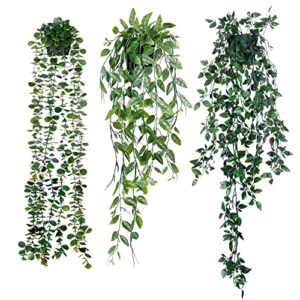 sggvecsy fake hanging plants 3 pack artificial eucalyptus fake potted greenery faux eucalyptus mandala vine pea pod for home indoor outdoor wall garden wedding decor