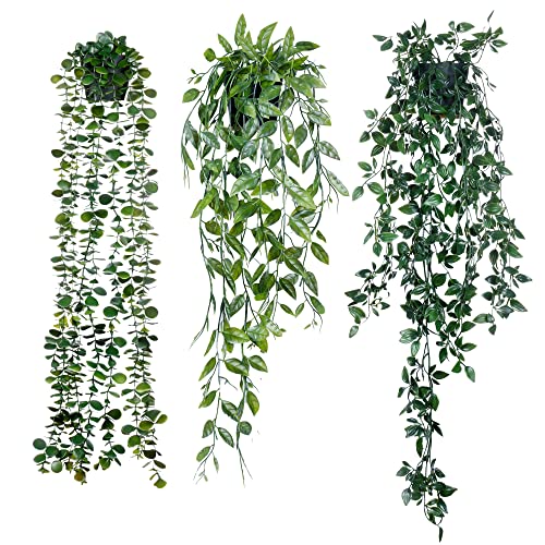 Sggvecsy Fake Hanging Plants 3 Pack Artificial Eucalyptus Fake Potted Greenery Faux Eucalyptus Mandala Vine Pea Pod for Home Indoor Outdoor Wall Garden Wedding Decor