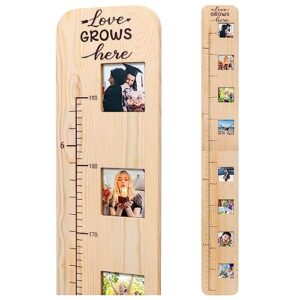 solid wood growth chart for kids with picture frames, height measurement ruler milestone markers, foldable kids height wall chart, birthday keepsake gift for toddlers boys girls room wall decor