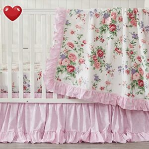 brandream pink floral crib bedding sets for girls farmhouse chic nursery bedding collection, 100% cotton 3 pieces