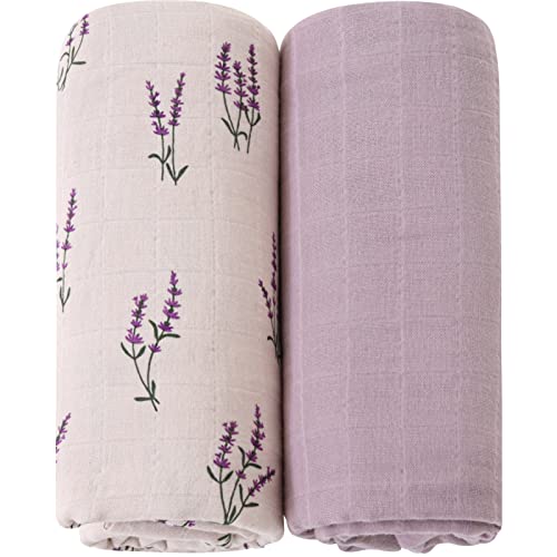 LifeTree Baby Swaddle Blankets Girls, Organic Muslin Swaddle Blankets Unisex Swaddling Wrap Receiving Blanket Neutral for Newborn, 100% Organic Cotton, Large 47 x 47 inches, Lavender & Mauve