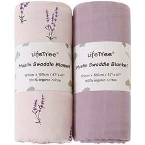 LifeTree Baby Swaddle Blankets Girls, Organic Muslin Swaddle Blankets Unisex Swaddling Wrap Receiving Blanket Neutral for Newborn, 100% Organic Cotton, Large 47 x 47 inches, Lavender & Mauve