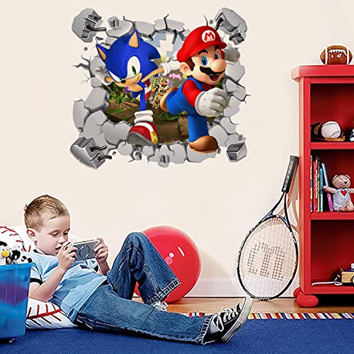 2022 Mario Play Game with Sonic 3D Break The Wall Stickers for Living Room Kids Room Wall Decor Boys Girl Gift Bedroom Poster Mural Wallpaper Removable PVC Wall Stickers (23" x 25")