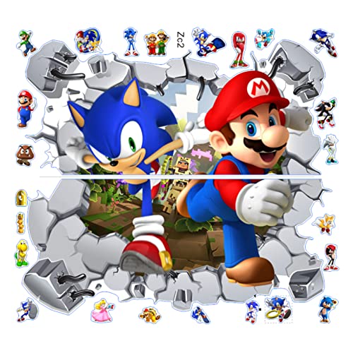 2022 Mario Play Game with Sonic 3D Break The Wall Stickers for Living Room Kids Room Wall Decor Boys Girl Gift Bedroom Poster Mural Wallpaper Removable PVC Wall Stickers (23" x 25")