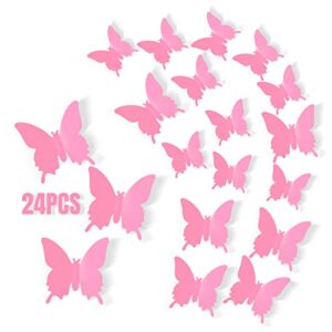 ammon butterfly room decorations 24 pcs 3d wall decor pink 3 sizes decal for birthday party cake mural sticker removable room wall art stickers for kids nursery classroom bedroom living room party wedding