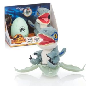 wow! stuff jurassic world drop 'n pop dino - blue velociraptor | dinosaur egg with pop-up plush toy | official dominion merchandise, gifts and toys for boys and girls, aged 5+