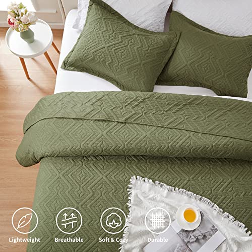 LEAONME Full/Queen Quilt Set 3 Pieces, Lightweight Olive Green Bedspread-90''x98'', Soft Microfiber Summer Quilt/Coverlet, Luxurious Warm Bedding Sets for All Seasons (Includes 1 Quilt, 2 Shams)