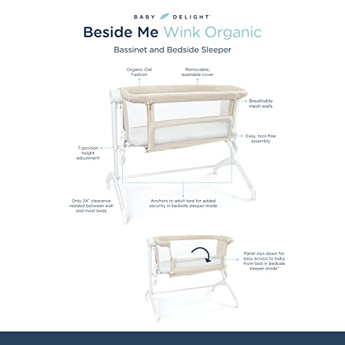 Baby Delight Beside Me Wink Organic Bassinet | Bedside Sleeper | 7-Position Height Adjustment | Organic Oat