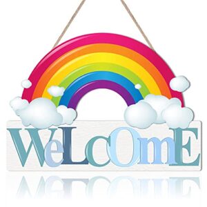 rainbow wooden welcome sign - rainbow cloud cute nursery hanging signs welcome wall art plaque(14"x5.2") inspiring hanging sign decor for baby room, playing room, porch, front door, wreath, kitchen, school, daycare
