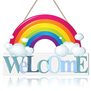 Rainbow Wooden Welcome Sign - Rainbow Cloud Cute Nursery Hanging Signs Welcome Wall Art Plaque(14"x5.2") Inspiring Hanging Sign Decor for Baby Room, Playing Room, Porch, Front Door, Wreath, Kitchen, School, Daycare