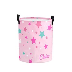 Personalized Laundry Basket Hamper,Star Pink Background,Collapsible Storage Baskets with Handles for Kids Room,Clothes, Nursery Decor