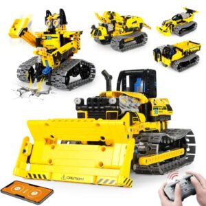 lecpop 5 in 1 stem projects for kids, building block sets for boys, construction toys for kids ages 8-14, rc bulldozer/robot/dump trucks engineering toys, ideal gifts for boys & girls