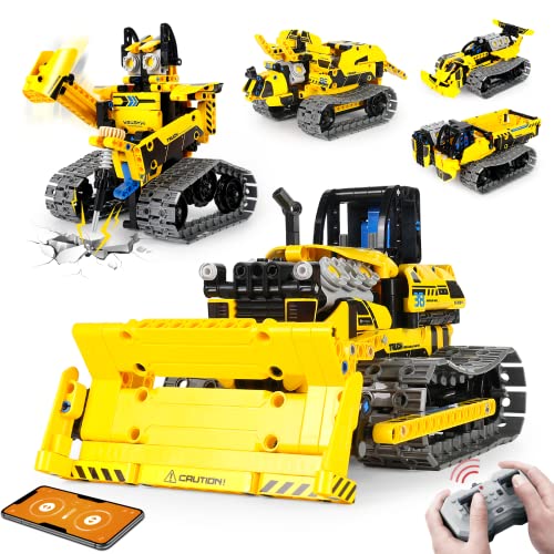 LECPOP 5 in 1 STEM Projects for Kids, Building Block Sets for Boys, Construction Toys for Kids Ages 8-14, RC Bulldozer/Robot/Dump Trucks Engineering Toys, Ideal Gifts for Boys & Girls