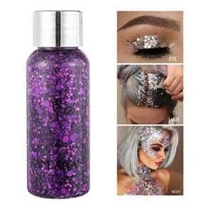 mermaid sequins body glitter gel, make up long lasting glitter for body face hair eyeshadow, music festival party carnival long lasting face glitter, no glue needed and easy to remove. (purple)