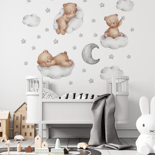 Tedy Bear Wall Decor, Tedy Bear Sleeping on The Moon and Stars Wall Stickers Cartoon Cute Tedy Bear Decals Extra Stars Wall Decor for Kids Baby Room Interior Nursery Tedy Bear Decoration