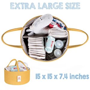 Baby Diaper Caddy Organizer Yellow 15"X7.4" Large Round Hanging Nursery Storage Bin Portable Changing Table/Car Travel Tote Bag Removable Inserts Newborn Registry Boy Girl Shower Rope Basket