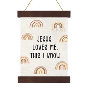 boho rainbow nursery wall decor baptism gift for girls jesus loves me this i know christening baby hanging canvas wooden dedication for kids baby nursery room, 10 x 13.4 inches (rustic style)