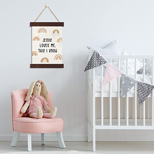 Boho Rainbow Nursery Wall Decor Baptism Gift for Girls Jesus Loves Me This I Know Christening Baby Hanging Canvas Wooden Dedication for Kids Baby Nursery Room, 10 x 13.4 Inches (Rustic Style)