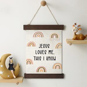 Boho Rainbow Nursery Wall Decor Baptism Gift for Girls Jesus Loves Me This I Know Christening Baby Hanging Canvas Wooden Dedication for Kids Baby Nursery Room, 10 x 13.4 Inches (Rustic Style)