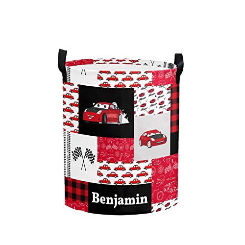 Personalized Laundry Basket Hamper,Red Race Car Quilt,Collapsible Storage Baskets with Handles for Kids Room,Clothes, Nursery Decor