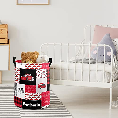 Personalized Laundry Basket Hamper,Red Race Car Quilt,Collapsible Storage Baskets with Handles for Kids Room,Clothes, Nursery Decor