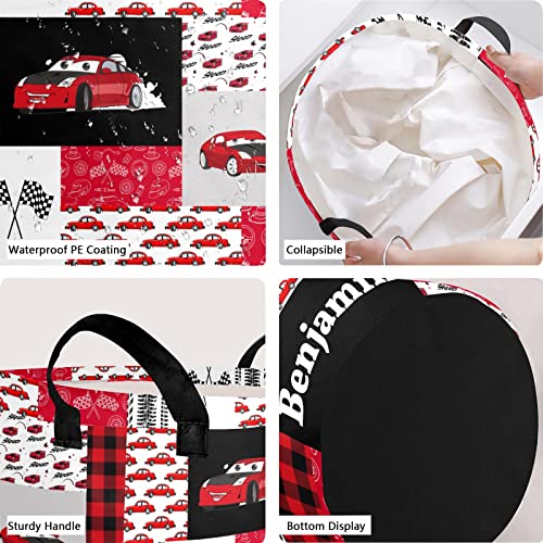 Personalized Laundry Basket Hamper,Red Race Car Quilt,Collapsible Storage Baskets with Handles for Kids Room,Clothes, Nursery Decor