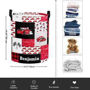 Personalized Laundry Basket Hamper,Red Race Car Quilt,Collapsible Storage Baskets with Handles for Kids Room,Clothes, Nursery Decor