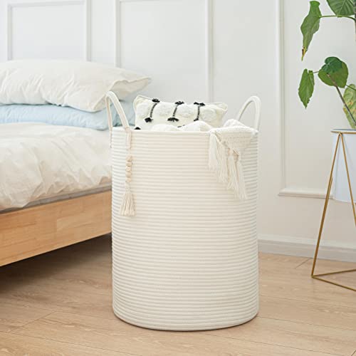 Goodpick White Laundry Basket with Handles, Tall Woven Laundry Hamper for Clothes, Towels, Pillows, Toys, Decorative Blanket Basket for Living Room, Bedroom, Playroom, 16 x 20 inches