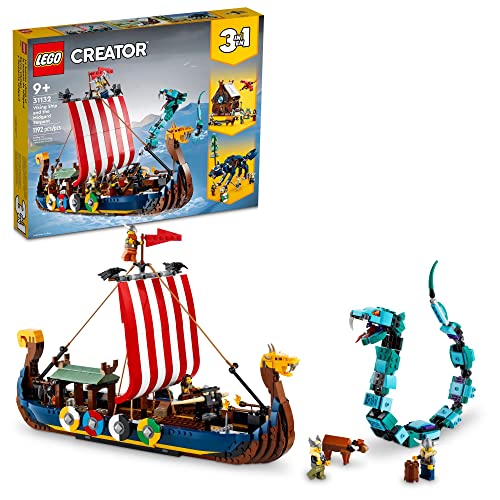 LEGO Creator 3in1 Viking Ship and The Midgard Serpent 31132, Toy Boat and Snake to House or Wolf Figure Building Set, Gifts for Kids, Boys & Girls