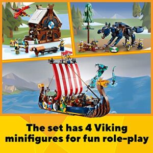 LEGO Creator 3in1 Viking Ship and The Midgard Serpent 31132, Toy Boat and Snake to House or Wolf Figure Building Set, Gifts for Kids, Boys & Girls