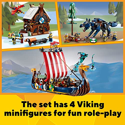 LEGO Creator 3in1 Viking Ship and The Midgard Serpent 31132, Toy Boat and Snake to House or Wolf Figure Building Set, Gifts for Kids, Boys & Girls