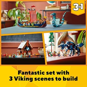 LEGO Creator 3in1 Viking Ship and The Midgard Serpent 31132, Toy Boat and Snake to House or Wolf Figure Building Set, Gifts for Kids, Boys & Girls