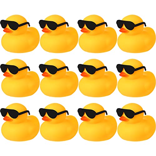 12 Pcs Rubber Ducks with 12 Sunglasses/ Hats/ Headwear/ Scarf, Valentine's Day Mini Rubber Ducks in Bulk Bathtub Toys for Valentines Gift Baby Shower Holiday Cruise (Duck with Sunglasses, Yellow)