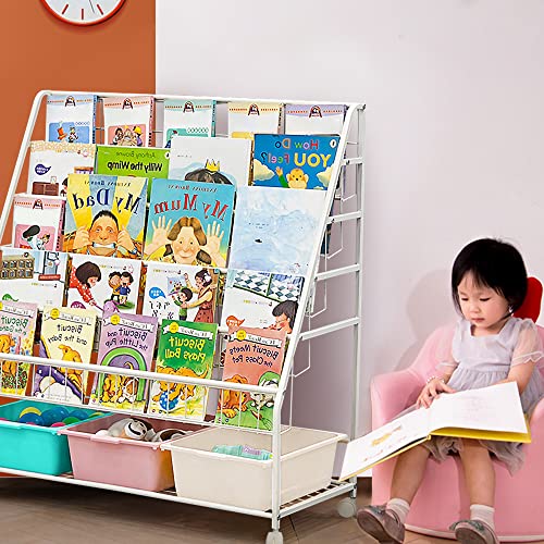 yazi Kids Bookshelves with Toy Storage Organizer, Large 35inx38in 6 Tier Metal Kids Bookcases with 3 Storage Boxes Organizer Shelf in Nursery, Playroom, Study Room,Nursery for Preschooler Children