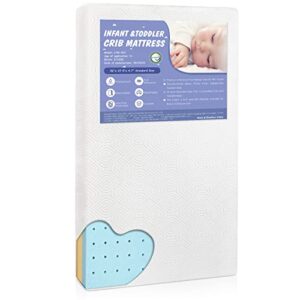 premium foam crib mattress, 2-stage hypoallergenic toddler mattress, certipur-us firm support for infant with cooling gel, waterproof & washable removable tencel cover, 52x27.5x4.7