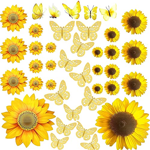 Sunflower Butterfly Wall Stickers 39 PCS Sunflower Decals & 3D Gold Butterfly Wall Sticker Floral Butterfly Waterproof Wall Sticker DIY Decor for Kids Baby Bedroom Living Room Bathroom Nursery Decoration