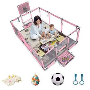 baby k baby playpen with mat (pink 71"×47"×26") - baby ball pit playpen for babies & toddlers with basketball hoop & soccer net - gated playyard for babies and toddlers for indoor or outdoor