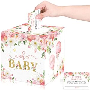 50 pcs floral diaper raffle tickets with diaper raffle card box baby shower holder box floral baby shower decorations for girl diaper raffle floral game insert card for party decorations (pink)