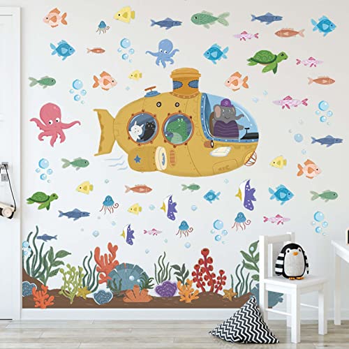 Ocean Wall Decals 70 PCS Under The Sea Wall Stickers, Sea Turtle Fish Octopus Decor Stickers Sea Life Art Decorations for Bathroom Kids Bedroom Nursery