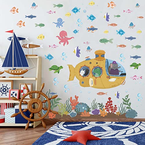 Ocean Wall Decals 70 PCS Under The Sea Wall Stickers, Sea Turtle Fish Octopus Decor Stickers Sea Life Art Decorations for Bathroom Kids Bedroom Nursery