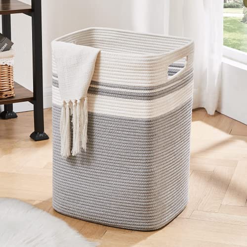 OIAHOMY Laundry Hamper-Laundry Basket,Tall Cotton Storage Basket with Handles,Decorative Blanket Basket for Living room,Collapsible Large Basket for Toys,Pillows,Clothes Organizer-16x13x22in-Gray