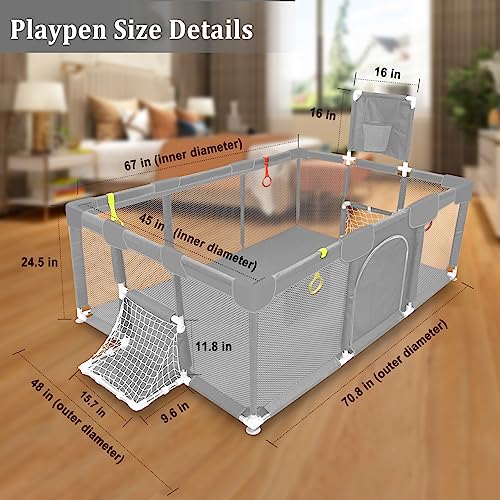 Large Baby Ball Pit Sturdy Play Pen/ Yard W/Basketball Hoop for Babies and Toddlers Children's Fence Play Area, Indoor Outdoor Kids Activity Center, Infant Safety Gates (Grey)