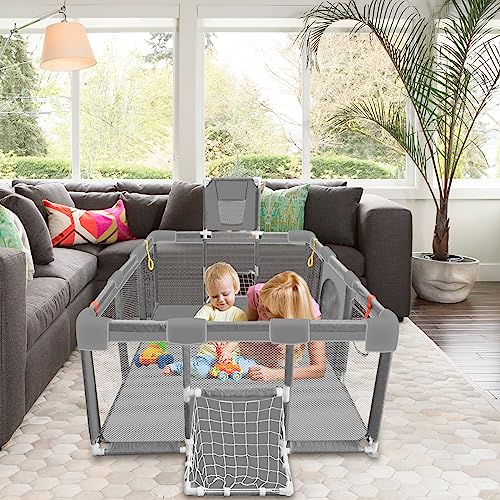 Large Baby Ball Pit Sturdy Play Pen/ Yard W/Basketball Hoop for Babies and Toddlers Children's Fence Play Area, Indoor Outdoor Kids Activity Center, Infant Safety Gates (Grey)