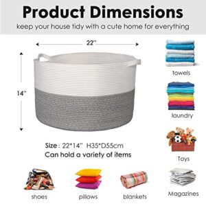 Proate XXXL Large Gray Woven Cotton Rope Basket in Living Room Blanket Storage Basket 22" x 14" Laundry Basket Hamper Towels Toy Bins Baskets Storage Kids Comforter Cushions Pillow Blanket Organizer